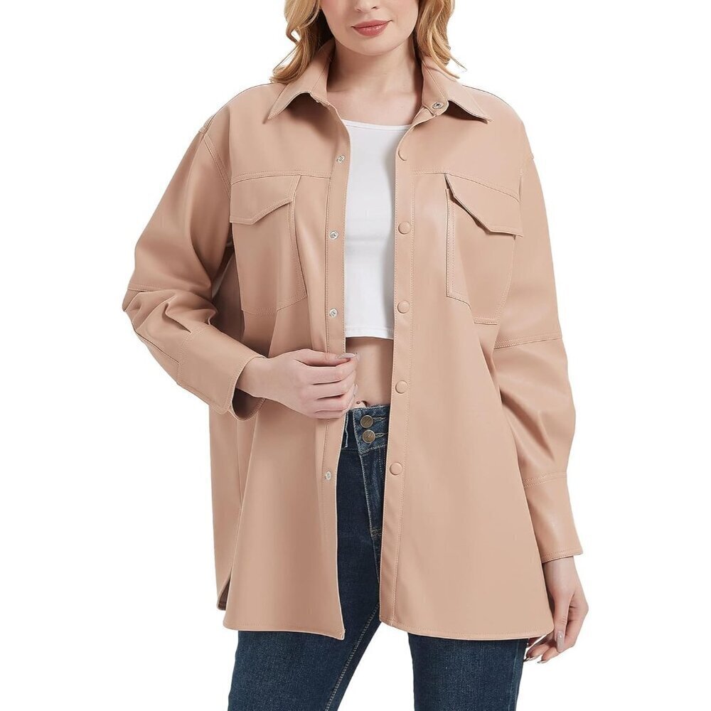 š Women Pink Faux Leather Blazer Jackets Spring Fashion Vegan Button Down Coat